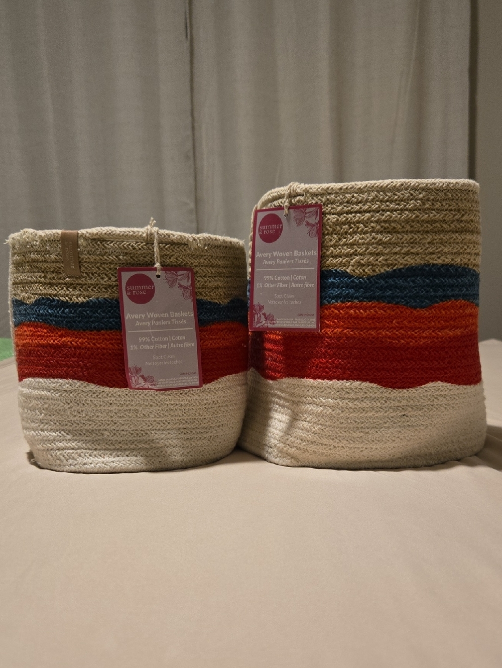 summer & rose Cream, Red and Blue Woven Storage Baskets (Set)